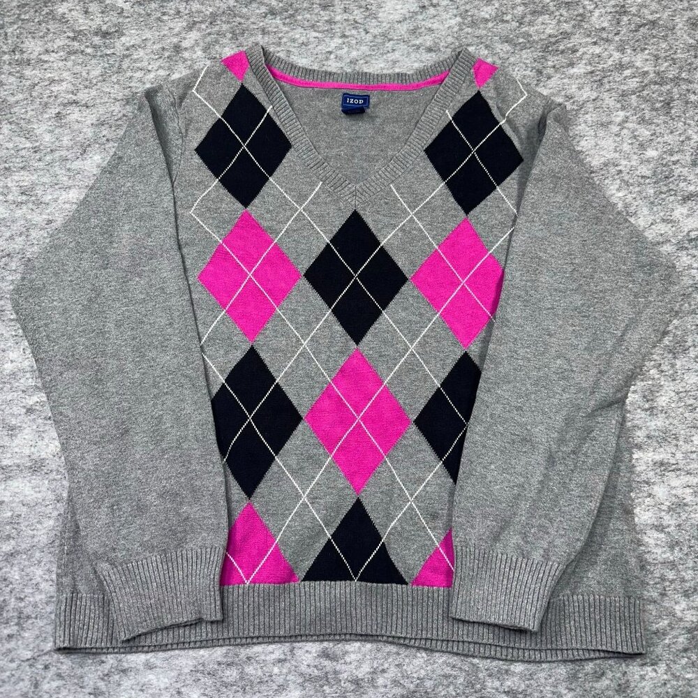 Vintage 90s Izod Womens Size Medium Argyle V-Neck Sweater EXCELLENT